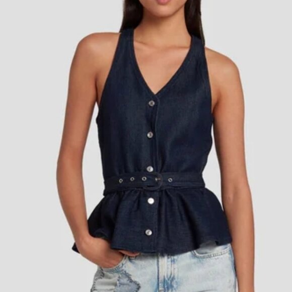 7 For All Mankind Denim Lustre Tailored Belted Vest in Dark Rinse S NWT - Picture 1 of 6